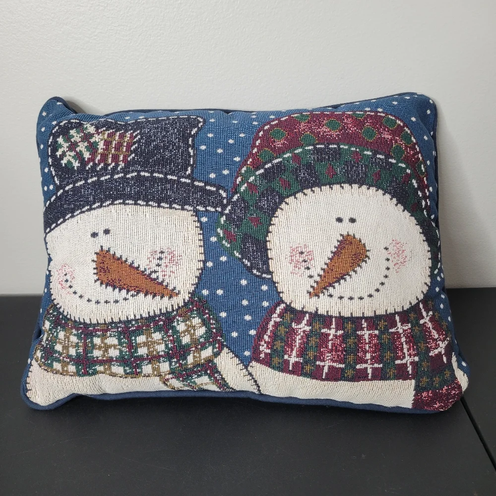 Vtg Tapestry Festive Snowman Decorative Pillow - Blue and Multicolor